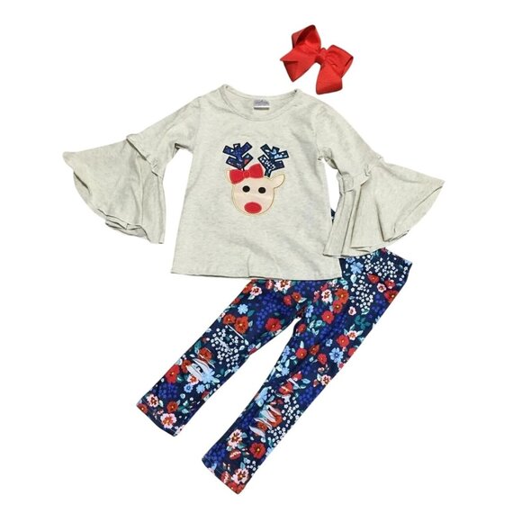 Girls Reindeer Top & Floral Leggings Set Size 3T - Picture 1 of 1